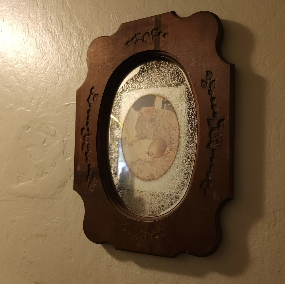 Antique 1930s Floral Etched Mirror Carved Wooden Frame